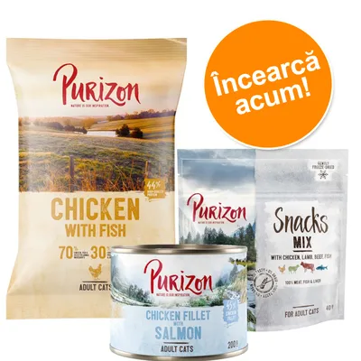 Pachet cu produse Purizon pentru pisici adulte: Chicken with Fish, Chicken Fillet with Salmon 200g, Snacks Mix. Inscripție portocalie: Încearcă acum!