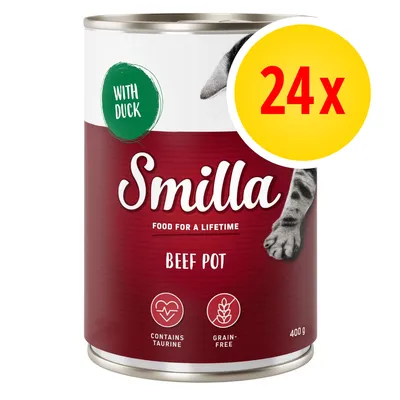 Smilla Beef Pot with duck, contains taurine, grain-free, 400g tin. Pack of 24 indicated in yellow circle.
