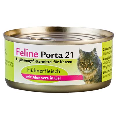 Feline Porta 21 Ergänzungsfuttermittel für Katzen, Hühnerfleisch mit Aloe vera in Gel. Dåse med billede af kat. Synlig tekst på tysk.
