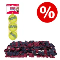 KONG AirDog Tennisbälle im 3er-Pack und Schnüffelteppich, daneben rotes Prozentzeichen für Rabattaktion.