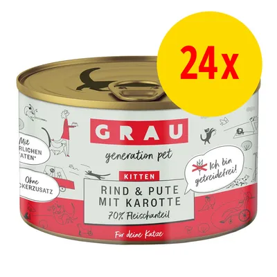 GRAU Kitten Rind & Pute mit Karotte, 70% Fleischanteil, ohne Zuckerzusatz, getreidefrei. 24x Dose für deine Katze.