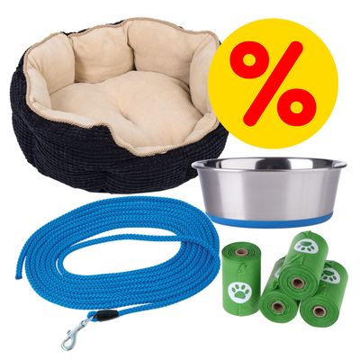 Welpen-Zubehör-Starterpaket 4-teiliges Set (Bett, Napf, Kotbeutel, Schleppleine)