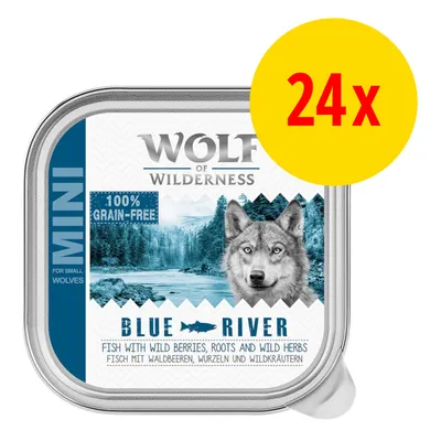Wolf of Wilderness MINI Blue River, 100% grain-free, balení 24×. Fish with wild berries, roots and wild herbs. For small wolves.