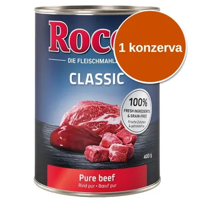 Konzerva Rocco Classic Pure beef 400 g, 100% fresh ingredients & grain-free, 1 konzerva, na etiketě vyobrazené hovězí maso.