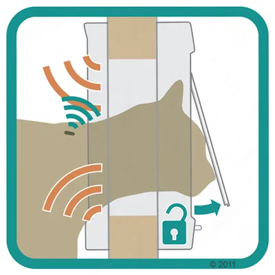 Ilustración de un sensor para gatos con ondas de radio que activa la apertura automática de la puerta. Un símbolo de candado abierto indica la activación.