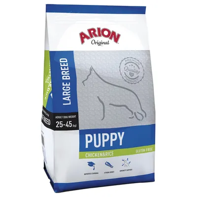 Arion Original Large Breed Puppy Chicken & Rice, gluten-free. Til hundevægt 25–45 kg. Tekst: Improved learning, strong bones, immunity support. Premium Quality Product.