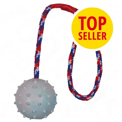Speelbal met noppen en gevlochten rood-wit-blauw touw. Gele cirkel met rode tekst: TOP SELLER. Speelbal met noppen en gevlochten rood-wit-blauw touw. Gele cirkel met rode tekst: TOP SELLER.