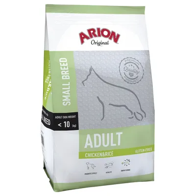 ARION Original SMALL BREED ADULT CHICKEN & RICE, gluten-free, til hunde under 10 kg. Synlig tekst: prebiotic effect, vitality, energy dense, premium quality product.