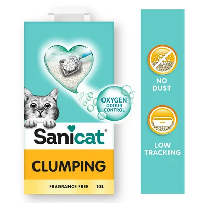 Sanicat Clumping kattsand, Fragrance Free 10L. Text: OXYGEN ODOUR CONTROL, NO DUST, LOW TRACKING. Bild på kattsand och katt.