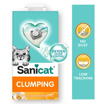 Sanicat hrudkující stelivo pro kočky, vůně vanilka mandarinka, 8 l. Vlastnosti: Oxygen Odour Control, bezprašné, nízká roznášenost.
