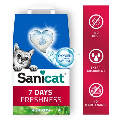 Sanicat 7 Days Freshness kissanhiekka, aloe vera, 4L. Tekstit: Oxygen Odour Control, No Dust, Extra Absorbent, No Maintenance. Kuvassa kissa ja sydänmuotoinen hiekkakuvio. Sanicat 7 Days Freshness kissanhiekka, aloe vera, 4L. Tekstit: Oxygen Odour Control, No Dust, Extra Absorbent, No Maintenance. Kuvassa kissa ja sydänmuotoinen hiekkakuvio.