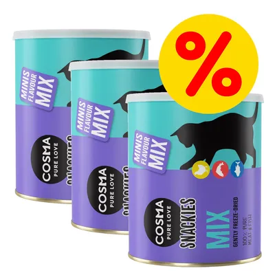 Cosma Pure Love Snackies Mix Minis Flavour, lot de 3 boîtes, texte visible : 100 % pure meat & fish, gently freeze-dried. Symbole pourcentage jaune et rouge en haut à droite.