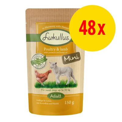 Lukullus Poultry & lamb Mini Adult, 150 g, pro malé psy do 10 kg, balení 48×. Viditelný text: in Harmony with Nature, Original taste, Geflügel & Lamm mit Kartoffeln und Hanföl. Lukullus Poultry & lamb Mini Adult, 150 g, pro malé psy do 10 kg, balení 48×. Viditelný text: in Harmony with Nature, Original taste, Geflügel & Lamm mit Kartoffeln und Hanföl.