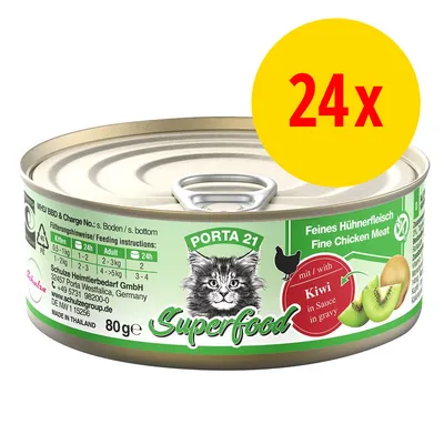 Porta 21 Superfood Feines Hühnerfleisch mit Kiwi in Sauce, Fütterungshinweise für Kitten und Adult, 80g Dose, 24x Packung