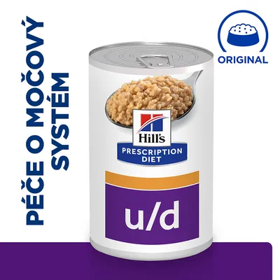 Konzerva Hill's Prescription Diet u/d, nápis Péče o močový systém, označení Original, zobrazená textura krmiva na lžíci.