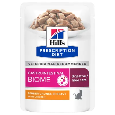 Hill's Prescription Diet Gastrointestinal Biome pour chat, tender chunks in gravy with chicken, digestive/fibre care, sachet avec morceaux en sauce visibles.
