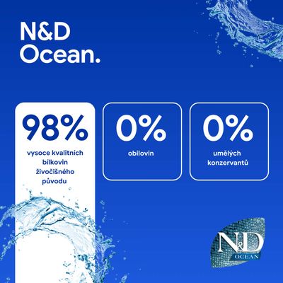 N&D Ocean. 98% kvalitné živočíšne proteíny, 0% obilniny, 0% umelé konzervačné látky.