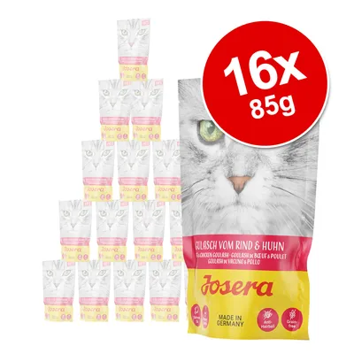 Josera Gulasch z hovězího a kuřecího, 16x85g, vyrobeno v Německu, proti bezoárům, bez obilovin. Balení s motivem kočky.
