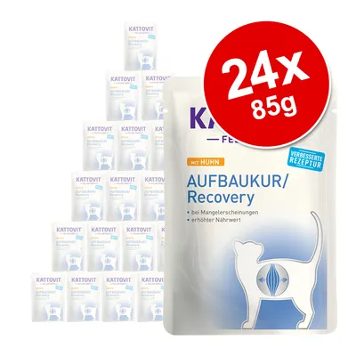 Lot de 24 sachets Kattovit Aufbaukur/Recovery mit Huhn, 85 g chacun, texte en allemand : bei Mangelerkrankungen, erhöhter Nährwert, verbesserte Rezeptur.