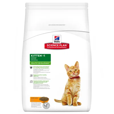 Hill's Science Plan Kitten <1 Healthy Development -kuivaruoka kissanpennuille, kanaa. Pakkauksessa oranssi pentukissa ja tuotetietoja englanniksi.