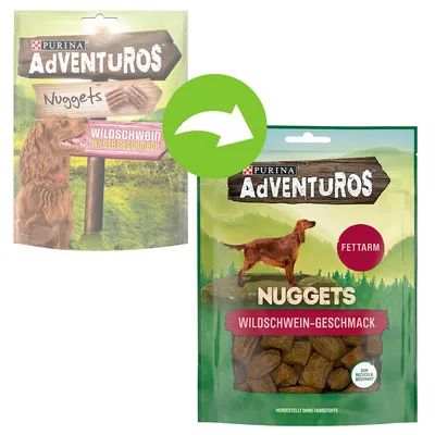 Purina Adventuros Nuggets wild boar flavour, low fat. Packaging change with recyclable material and no colourants. Purina Adventuros Nuggets wild boar flavour, low fat. Packaging change with recyclable material and no colourants.