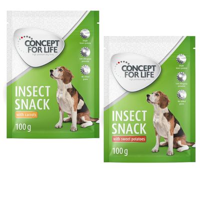 2 x 100 g Concept for Life Insect snack próbacsomagban! 2 x 100 g: 100 g sárgarépával + 100 g édesburgonyával