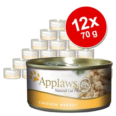 Pack de 12 latas de 70 g Applaws Natural Cat Food, Chicken Breast. Texto visível: 100% natural.