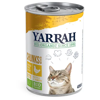 Yarrah Bio-Organic Since 1992 kissanruoka, paloja kanasta ja kalkkunasta, nokkosta ja tomaattia, BIO ORGANIC, 405 g tölkki, kuvassa kissa ja tuotetietoja englanniksi