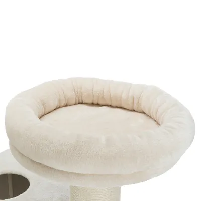 Plateforme ronde en tissu beige pour arbre à chat, rebord rembourré visible, poteau recouvert de sisal en dessous, partie supérieure d'une niche en bas à gauche.