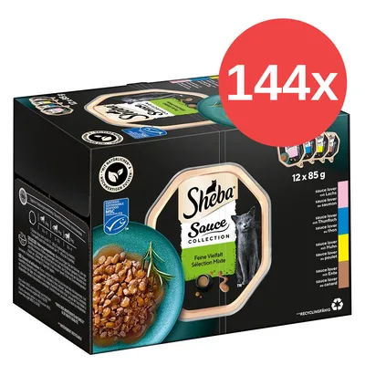 Caja de Sheba Sauce Collection, selección mixta. 144x envases de 85 g. Incluye variedades: salmón, atún, pollo y pato. Ingredientes naturales certificados visibles en el lateral. Caja de Sheba Sauce Collection, selección mixta. 144x envases de 85 g. Incluye variedades: salmón, atún, pollo y pato. Ingredientes naturales certificados visibles en el lateral.
