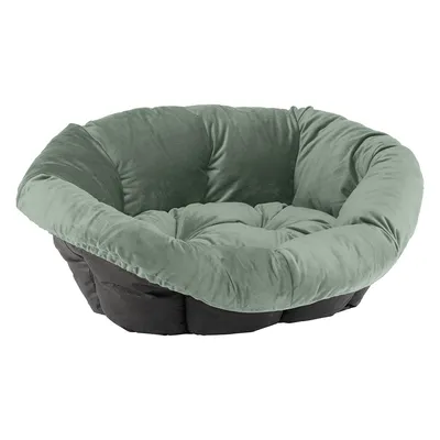 Cuscino rotondo per pet, parte superiore in tessuto verde chiaro e base nera, bordo alto imbottito e superficie morbida visibile.