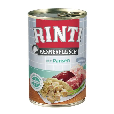 RINTI Kennerfleisch mit Pansen -koiranruokasäilyke. Etiketissä näkyy lihaa ja sisäelimiä, tekstit: 'GETREIDEFREI', 'FLEISCH PUR', 'OHNE KOHLENHYDRATE'.