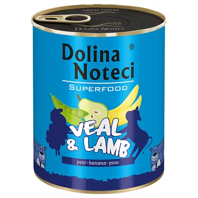 Dolina Noteci Superfood, Veal & Lamb mit Birne, Banane und Erbsen. Nassfutter in Dose.