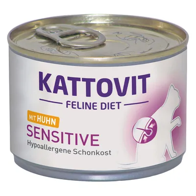 Scatoletta Kattovit Feline Diet Sensitive mit Huhn, Hypoallergene Schonkost. Etichetta con silhouette di gatto e simbolo stomaco. Testo in tedesco visibile sull'etichetta.