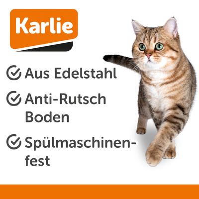 Zwei Futternäpfe aus Edelstahl mit Katzenmotiven, einer in Rosa und einer in Blau. Beide haben eine glatte Oberfläche und sind für Haustiere geeignet.