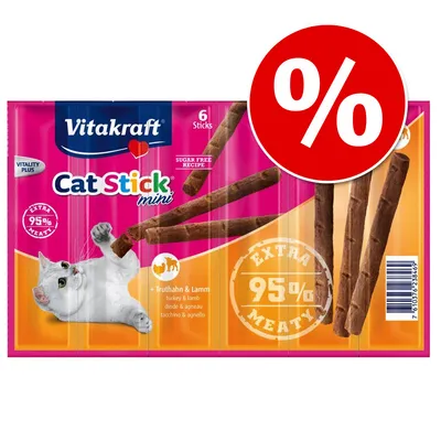 Vitakraft Cat Stick mini, 6 kpl, kalkkuna & lammas. Sokeriton resepti. Extra 95 % meaty. Suuri prosenttimerkki pakkauksen päällä.
