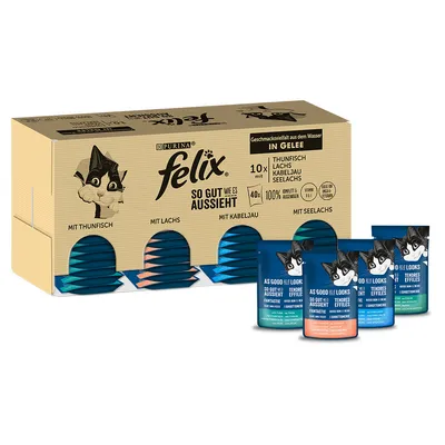 Zestaw saszetek Felix So Gut Wie Es Aussieht w galarecie, widoczne smaki: tuńczyk, łosoś, dorsz, morszczuk. Opakowanie zbiorcze i cztery pojedyncze saszetki z nazwą marki.
