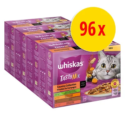 whiskas TastyMix Country Collection, 96x portionspåsar. Text: in Sauce, Recettes de Campagne, NEU. Bild på katt och skål med mat på förpackningen.