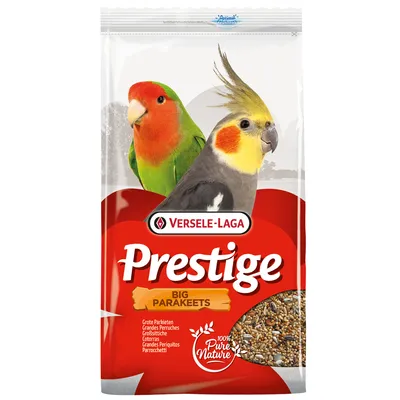 Versele-Laga Prestige Big Parakeets, Futter für grosse Sittiche, 100% Pure Nature. Verpackung zeigt zwei Vögel und eine Mischung aus Körnern.