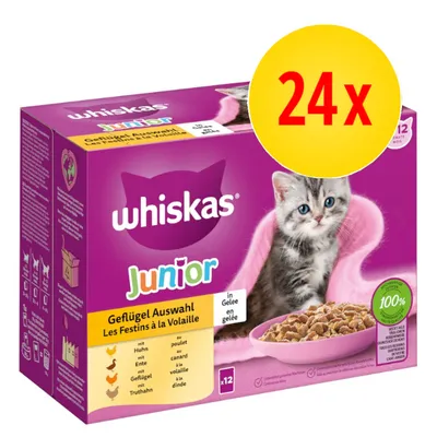 Boîte Whiskas Junior Les Festins à la Volaille, 24x sachets en gelée, avec visuel d’un chaton et liste : poulet, canard, volaille, dinde. Texte 100 % ingrédients naturels visible. Boîte Whiskas Junior Les Festins à la Volaille, 24x sachets en gelée, avec visuel d’un chaton et liste : poulet, canard, volaille, dinde. Texte 100 % ingrédients naturels visible.