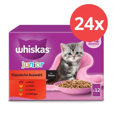 Whiskas Junior Klassische Auswahl in Sauce, 24x Portionsbeutel mit Rind, Huhn, Lamm und Geflügel, geeignet für Katzen bis 12 Monate.