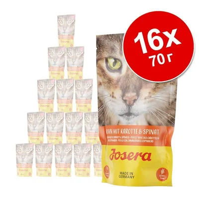 Пакетчета Josera Huhn mit Karotte & Spinat за котки, 16 броя по 70 г. Видими надписи: Made in Germany, Grain-free.