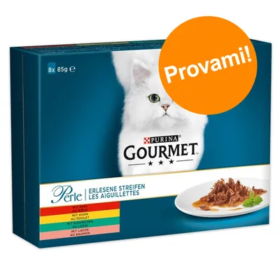 Confezione Purina Gourmet Perle, 8x85g, vari gusti. Testo visibile: 'Provami!'. Immagine di un gatto bianco e piatto con straccetti di carne. Confezione Purina Gourmet Perle, 8x85g, vari gusti. Testo visibile: 'Provami!'. Immagine di un gatto bianco e piatto con straccetti di carne.