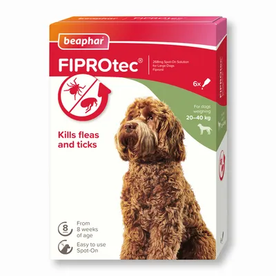 FIPROtec spot-on solution kills fleas and ticks, for dogs weighing 20–40 kg, suitable from 8 weeks of age, easy to use, pack contains 6 pipettes.