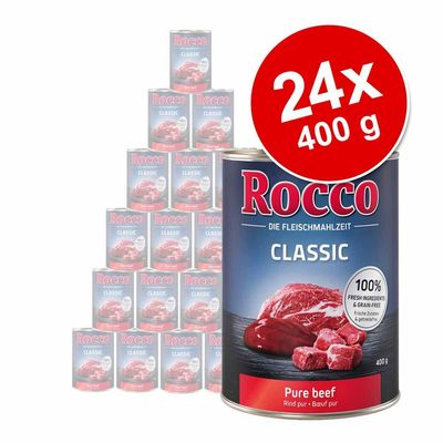Pachet economic Rocco Classic 24 x 400 g Vită pură, Vită și inimi de pasăre , Vită și vânat, Vită și pui