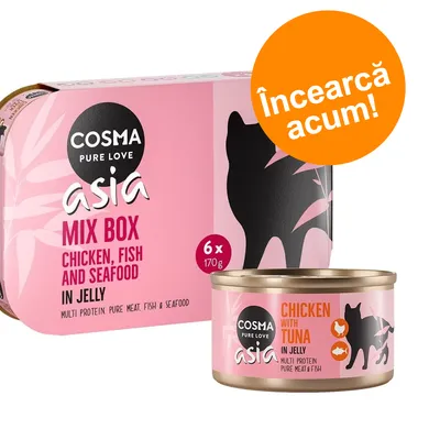 Cosma Pure Love Asia Mix Box, 6 x 170g, pui, pește și fructe de mare în aspic. Conservă: Chicken with Tuna in Jelly. Text promoțional: Încearcă acum!