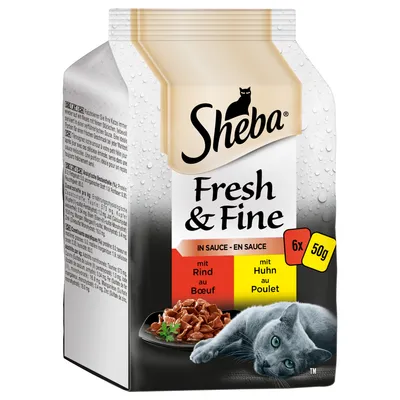 Sheba Fresh & Fine -kastikeruoka kissalle, 6 x 50 g annospakkaus. Pakkauksessa tekstit: mit Rind au Boeuf, mit Huhn au Poulet. Kuvassa harmaa kissa ja annosruoka.