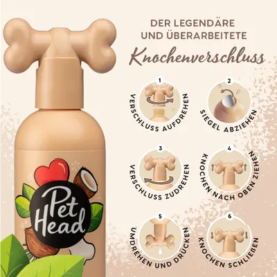 Instrucțiuni pentru noul sistem de închidere tip os de la Pet Head: deschideți capacul, îndepărtați sigiliul, închideți capacul, trageți osul în sus, întoarceți și apăsați, închideți osul.