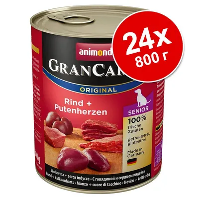 Консерва Animonda GranCarno Original Rind + Putenherzen, 24×800 г. Видими текстове: SENIOR, 100% frische Zutaten, getreidefrei, glutenfrei, Made in Germany. Консерва Animonda GranCarno Original Rind + Putenherzen, 24×800 г. Видими текстове: SENIOR, 100% frische Zutaten, getreidefrei, glutenfrei, Made in Germany.
