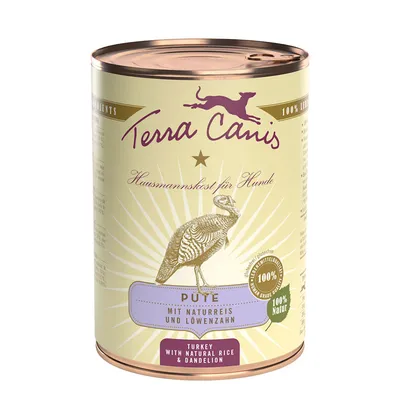 Terra Canis konzerv kutyáknak, Pute mit Naturreis und Löwenzahn, 100% Natur, Turkey with natural rice & dandelion feliratok láthatók a dobozon.